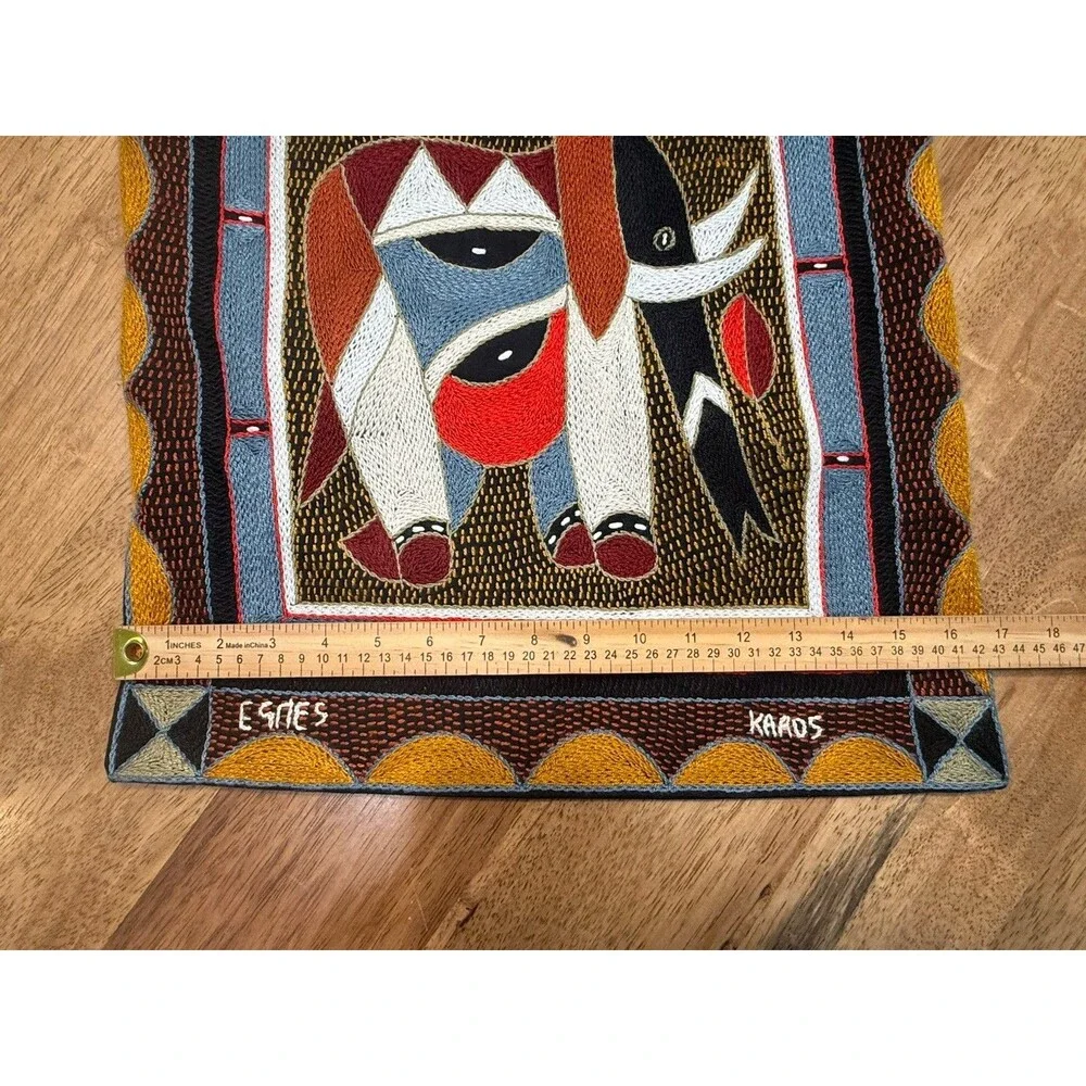 Kaross Signed Hand Embroider Elephant Folk Art Pillow Cover South Africa 17x17”